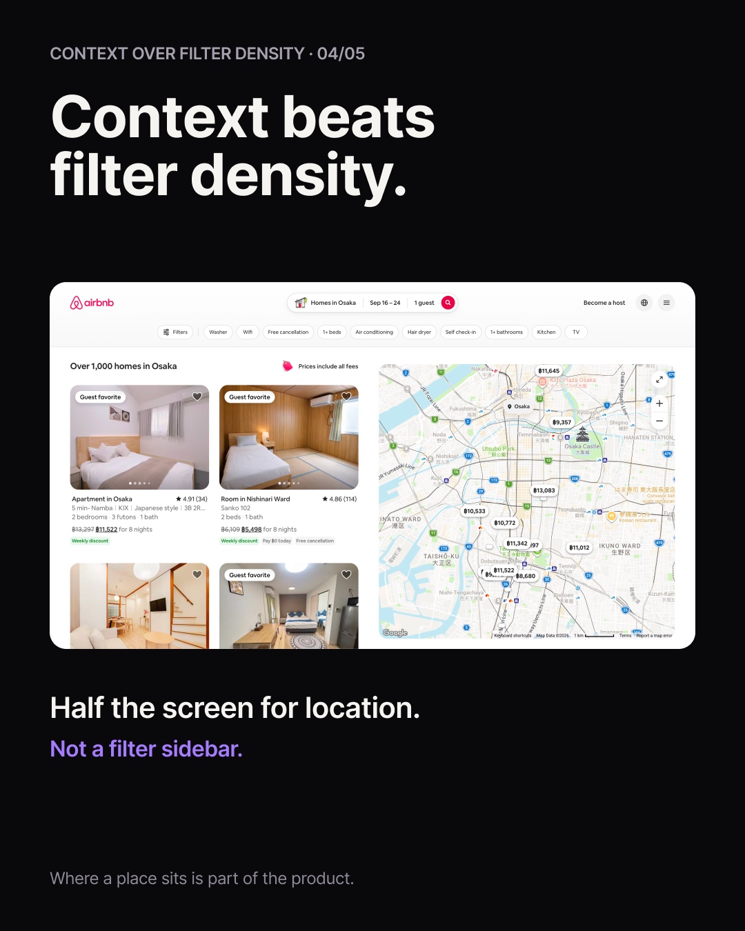 Airbnb search results with the map taking roughly half the screen
